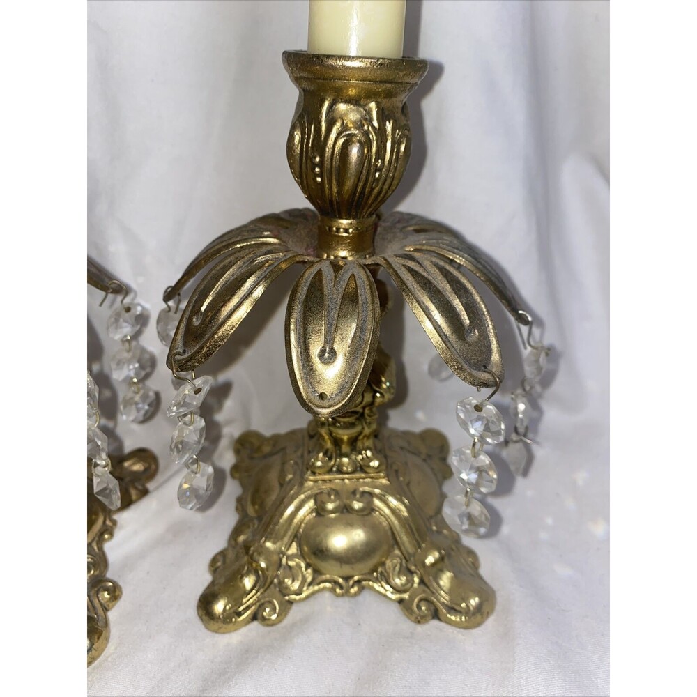 Vintage Hollywood Regency Style Ornate Gold Cast Metal Candlestick Holders Pair - Picture 3 of 11